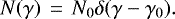 Mathematical equation: \begin{equation*} N(\gamma)\, =\, N_0\delta(\gamma-\gamma_0).\end{equation*}