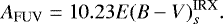 Mathematical equation: \begin{equation*} A_{\textrm{FUV}}=10.23E(B-V)_{s}^{\textrm{IRX}}. \vspace*{-6pt}\end{equation*}