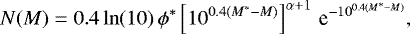 Mathematical equation: \begin{equation*} N(M) = 0.4 \, \mathrm{ln}(10) \, \phi^{*} \left [ 10^{0.4(M^{*}-M)} \right ]^{\alpha+1} \, \textrm{e}^{-10^{0.4(M^{*}-M)}}, \end{equation*}