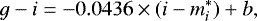 Mathematical equation: \begin{equation*} g-i = -0.0436 \times (i - m_i^*) + b,\end{equation*}