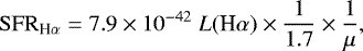 Mathematical equation: \begin{equation*} \mathrm{SFR}_{\textrm{H}\alpha} = 7.9 \times 10^{-42} \; L(\textrm{H}\alpha) \times \frac{1}{1.7} \times \frac{1}{\mu}, \end{equation*}