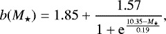 Mathematical equation: \begin{equation*} b({M}_{\star}) = 1.85 + \frac{1.57}{1+\mathrm{e}^{\frac{10.35-{M}_{\star}}{0.19}}},\nonumber \end{equation*}