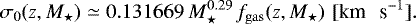 Mathematical equation: \begin{equation*}\sigma_0(z, {M}_{\star}) \simeq 0.131669 \, {M}_{\star}^{0.29} \, f_{\mathrm{gas}}(z, {M}_{\star}) \, \, {[\textrm{km \, s}^{-1}]}. \end{equation*}