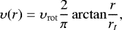 Mathematical equation: \begin{equation*}\upsilon(r) = \upsilon_{\mathrm{rot}} \frac{2}{\pi} \, \mathrm{arctan} \frac{r}{r_t} ,\vspace*{-4pt}\end{equation*}