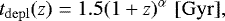 Mathematical equation: \begin{equation*} t_{\mathrm{depl}}(z) = 1.5(1+z)^{\alpha} \, \, [\mathrm{Gyr}], \end{equation*}