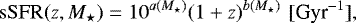 Mathematical equation: \begin{equation*}\mathrm{sSFR}(z, {M}_{\star}) = 10^{a({M}_{\star})}(1+z)^{b({M}_{\star})} \, \, {[\textrm{Gyr}^{-1}]}, \end{equation*}