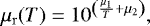 Mathematical equation: \begin{equation*} \mu_{\mathrm{r}}(T) = 10^{\left(\frac{\mu_1}{T}+\mu_2\right)}, \end{equation*}