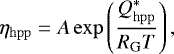 Mathematical equation: \begin{equation*} \eta_{\mathrm{hpp}}=A \exp \left(\frac{Q^*_{\mathrm{hpp}}}{R_{\mathrm{G}}T}\right), \end{equation*}