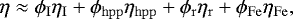 Mathematical equation: \begin{equation*}\eta \approx \phi_{\mathrm{I}}\eta_{\mathrm{I}} + \phi_{\mathrm{hpp}} \eta_{\mathrm{hpp}} + \phi_{\mathrm{r}} \eta_{\mathrm{r}} + \phi_{\mathrm{Fe}} \eta_{\mathrm{Fe}}, \end{equation*}