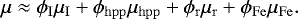 Mathematical equation: \begin{equation*}\mu \approx \phi_{\mathrm{I}}\mu_{\mathrm{I}} + \phi_{\mathrm{hpp}} \mu_{\mathrm{hpp}} + \phi_{\mathrm{r}} \mu_{\mathrm{r}} + \phi_{\mathrm{Fe}} \mu_{\mathrm{Fe}}. \end{equation*}