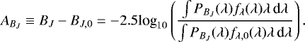 Mathematical equation: \begin{equation*} A_{B_J} \equiv B_J - B_{J,0} = -2.5\textrm{log}_{10}\left(\frac{\int P_{B_J}(\lambda)f_{\lambda}(\lambda)\lambda\,\textrm{d}\lambda} {\int P_{B_J}(\lambda)f_{\lambda,0}(\lambda)\lambda\,\textrm{d}\lambda}\right).\end{equation*}