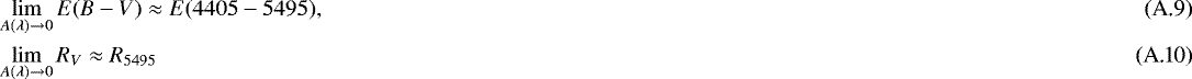 Mathematical equation: \begin{align} &\lim_{A(\lambda)\rightarrow 0} E(B-V) \approx E(4405-5495),\\ &\lim_{A(\lambda)\rightarrow 0} R_V \approx R_{5495}\end{align}