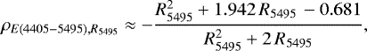 Mathematical equation: \begin{equation*} \rho_{E(4405-5495),R_{5495}} \approx - \frac{\mbox{$R_{5495}^2$} + 1.942\,R_{5495}\, - 0.681}{\mbox{$R_{5495}^2$} + 2\,R_{5495}},\end{equation*}