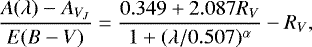 Mathematical equation: \begin{equation*} \frac{A(\lambda)-A_{V_J}}{E(B-V)} = \frac{0.349 + 2.087 R_V}{1 + (\lambda/0.507)^{\alpha}} - R_V,\end{equation*}