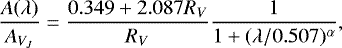 Mathematical equation: \begin{equation*} \frac{A(\lambda)}{A_{V_J}} = \frac{0.349 + 2.087 R_V}{R_V} \frac{1}{1 + (\lambda/0.507)^{\alpha}},\end{equation*}