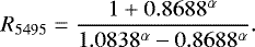 Mathematical equation: \begin{equation*} R_{5495} = \frac{1+0.8688^{\alpha}}{1.0838^{\alpha}-0.8688^{\alpha}}.\end{equation*}