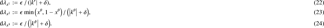 Mathematical equation: \begin{eqnarray} \textrm{d}\lambda_{x^1} &:=& \epsilon \ / \left( \left| k^r \right| + \delta \right)\!,\\ \textrm{d}\lambda_{x^2} &:=& \epsilon \ \text{min} \left(x^{\theta}, 1 - x^{\theta} \right) / \left( \left| k^{\theta} \right| + \delta \right)\!, \\ \textrm{d}\lambda_{x^3} &:=& \epsilon \ / \left( \left| k^{\phi} \right| + \delta \right)\!.\end{eqnarray}
