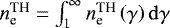 Mathematical equation: $n_{\textrm{e}}^{\textrm{TH}}=\int_1^{\infty} n_{\textrm{e}}^{\textrm{TH}}\left(\gamma\right) \mathrm{d}\gamma$