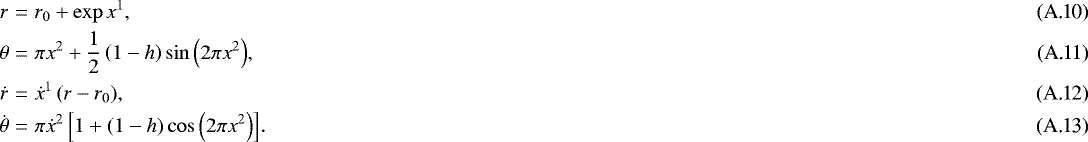 Mathematical equation: \begin{eqnarray} r &=& r_{0} + \exp{x^{1}},\\ \theta &=& \pi x^{2} + \frac{1}{2}\left( 1-h \right)\sin \left( 2\pi x^{2} \right)\!,\\ \dot{r} &=& \dot{x}^{1} \left( r - r_{0} \right)\!,\\ \dot{\theta} &=& \pi \dot{x}^{2}\left[ 1 + \left(1-h \right)\cos \left(2\pi x^{2} \right) \right]\!.\end{eqnarray}
