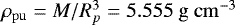Mathematical equation: $\rho_{\mathrm{pu}}=M/R_{p}^{3}=5.555~\mathrm{g\ cm^{-3}}$
