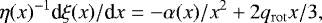 Mathematical equation: \begin{equation*}\eta(x)^{-1}{\textrm{d}}\xi(x)/ {\textrm{d}}x =-\alpha(x)/x^{2}+2q_{\mathrm{rot}}x/3, \end{equation*}