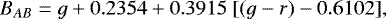 Mathematical equation: \begin{equation*}B_{AB} = g + 0.2354 + 0.3915\;[(g-r)-0.6102] ,\vspace*{2pt}\end{equation*}