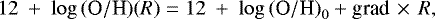 Mathematical equation: \begin{equation*} 12~+~\log{(\textrm{O}/\textrm{H})}(R) = 12~+~\log{(\textrm{O}/\textrm{H})}_{0} + \textrm{grad} \, \times \, R,\end{equation*}