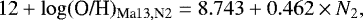 Mathematical equation: \begin{equation*} 12+\log(\textrm{O/H})_{\textrm{Ma}13,\textrm{N}2} = 8.743 + 0.462 \times {N_2},\end{equation*}