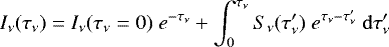 Mathematical equation: \begin{equation*} I_{\nu}(\tau_{\nu}) = I_{\nu}(\tau_{\nu} = 0) \; e^{-\tau_{\nu}} + \int_0^{\tau_{\nu}} S_{\nu}(\tau_{\nu}') \; e^{\tau_{\nu} - \tau_{\nu}'} \; \mathrm{d}\tau_{\nu}' \end{equation*}