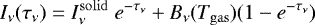 Mathematical equation: \begin{equation*} I_{\nu}(\tau_{\nu}) = I_{\nu}^{\mathrm{solid}}\; e^{-\tau_{\nu}} + B_{\nu}(T_{\mathrm{gas}}) (1-e^{-\tau_{\nu}})\end{equation*}