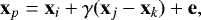 Mathematical equation: \begin{equation*} \mathbf{x}_p = \mathbf{x}_i + \gamma(\mathbf{x}_j - \mathbf{x}_k) + \mathbf{e}, \end{equation*}