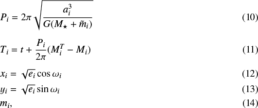 Mathematical equation: \begin{align*}&P_i = 2 \pi \sqrt{\frac{a_i^3}{G(M_{\star} + \tilde{m}_i)}} \\[5pt] &T_i = t + \frac{P_i}{2 \pi} (M_i^T - M_i) \\[5pt] &x_i = \sqrt{e_i} \cos{\omega}_i \\ &y_i = \sqrt{e_i} \sin{\omega}_i \\ &{m}_i, \end{align*}