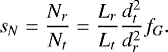 Mathematical equation: \begin{equation*} s_N=\frac{N_r}{N_t}=\frac{L_r}{L_t}\frac{d^2_t}{d^2_r}f_G.\end{equation*}
