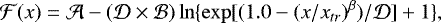 Mathematical equation: \begin{equation*} {\mathcal{F}}(x)= {\mathcal{A}} - ({\mathcal{D}}\times {\mathcal{B}})\ln\{\exp[(1.0 - (x/x_{tr})^{\beta})/{\mathcal{D}}] + 1\},\end{equation*}