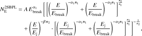 Mathematical equation: \begin{align*} N^{\textrm{2SBPL}}_{\textrm{E}} &= A \, E_{\textrm{break}}^{\alpha_1} \, \Biggl[ \, \Biggl[ \Biggl(\frac{E}{E_{\textrm{break}}}\Biggr)^{- \alpha_1 n_1}+\Biggl(\frac{E}{E_{\textrm{break}}}\Biggr)^{- \alpha_2 n_1}\Biggr]^{\frac{n_2}{n_1}} \nonumber\\ & \quad + \Biggl(\frac{E}{E_{\textrm{j}}}\Biggr)^{- \beta \, n_2} \cdot \Biggl[\Biggl(\frac{E_{\textrm{j}}}{E_{\textrm{break}}}\Biggr)^{- \alpha_{1} n_{1}}+\Biggl(\frac{E_{\textrm{j}}}{E_{\textrm{break}}} \Biggr)^{- \alpha_2 n_1} \Biggr]^{\frac{n_2}{n_1}} \Biggr]^{-\frac{1}{n_2}},\end{align*}