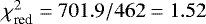 Mathematical equation: $\chi_{\textrm{red}}^2=701.9/462=1.52$