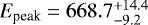 Mathematical equation: $E_{\textrm{peak}} = 668.7_{-9.2}^{+14.4}$