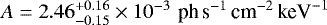 Mathematical equation: $A =2.46_{-0.15}^{+0.16} \times 10^{-3} \,\, \textrm{ph} \, \textrm{s}^{-1} \, \textrm{cm}^{-2} \, \textrm{keV}^{-1}$