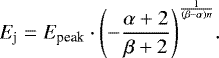 Mathematical equation: \begin{equation*} E_{\textrm{j}} = E_{\textrm{peak}} \cdot \Biggl(- \frac{\alpha + 2}{\beta + 2}\Biggr) ^{\frac{1}{(\beta - \alpha)n}}. \end{equation*}