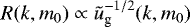 Mathematical equation: $R(k,m_0)\propto\tilde{u}_{\textrm{g}}^{-1/2}(k,m_0)$