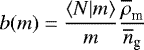 Mathematical equation: \begin{equation*}b(m)= \frac{\langle {N|m} \rangle}{m} \frac{\overline{\rho}_{\textrm{m}}}{\overline{n}_{\textrm{g}}} \end{equation*}