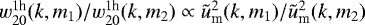 Mathematical equation: $w_{20}^{ 1\textrm{h}}(k,m_1)/w_{20}^{1\textrm{h}}(k,m_2)\propto\tilde{u}_{\textrm{m}}^2(k,m_1)/\tilde{u}_{\textrm{m}}^2(k,m_2)$