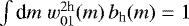 Mathematical equation: $\int{\textrm{d}} m\;w_{01}^{2\textrm{h}}(m)\,b_{\textrm{h}}(m)=1$
