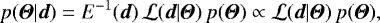 Mathematical equation: \begin{equation*}p({\boldsymbol{\Theta}}|\vec{d})= E^{-1}(\vec{d})\, \mathcal{L}(\vec{d}|{\boldsymbol{\Theta}})\,p({\boldsymbol{\Theta}}) \propto\mathcal{L}(\vec{d}|{\boldsymbol{\Theta}})\,p({\boldsymbol{\Theta}}), \end{equation*}