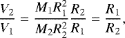 Mathematical equation: \begin{equation*}\frac{V_2}{V_1} = {\frac{M_1R_1^2}{M_2R_2^2}}{\frac{R_2}{R_1}} = \frac{R_1}{R_2} ,\end{equation*}