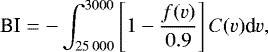 Mathematical equation: \begin{equation*} \textrm{BI} = - \int^{3000}_{25\,000} \left[ 1 - \frac{f ( v )}{0.9} \right] C ( v ) \textrm{d}v ,\end{equation*}