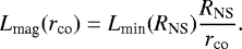 Mathematical equation: \begin{eqnarray*}L_{\textrm{mag}}(r_{\textrm{co}})= L_{\textrm{min}}(R_{\textrm{NS}})\frac{R_{\textrm{NS}}}{r_{\textrm{co}}}.\end{eqnarray*}