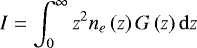 Mathematical equation: \begin{equation*} I = \int_{0}^{\infty} z^{2} n_{e} \left ( z \right ) G \left ( z \right ) \mathrm{d}z \end{equation*}