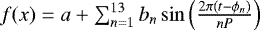 Mathematical equation: $f(x)=a+\sum_{n=1}^{13}b_n\sin{\left(\frac{2\pi(t-\phi_n)}{nP}\right)}$