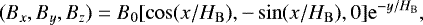 Mathematical equation: \begin{equation*} (B_x, B_y, B_z) = B_0[\cos(x/H_{\mathrm{B}}),-\sin(x/H_{\mathrm{B}}),0]\mathrm{e}^{-y/H_{\mathrm{B}}}, \end{equation*}